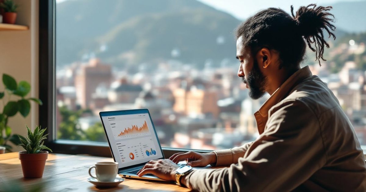 Emprendedor boliviano con laptop gestionando presencia digital en Google y redes sociales desde La Paz 2026