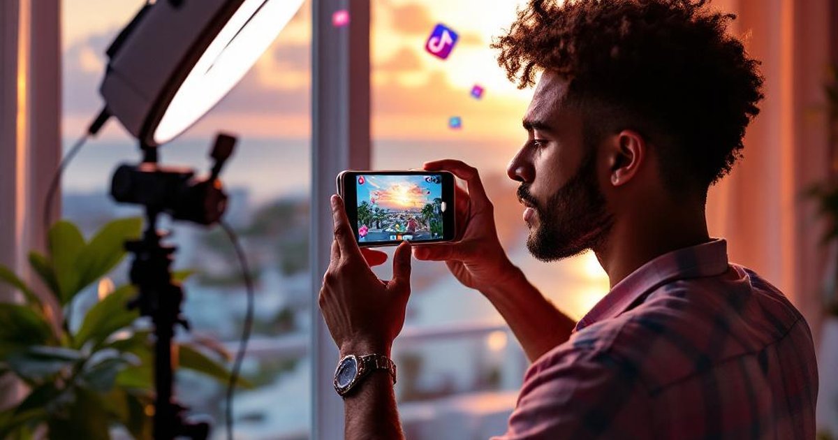 Emprendedor latino grabando TikTok e Instagram Reels con setup profesional