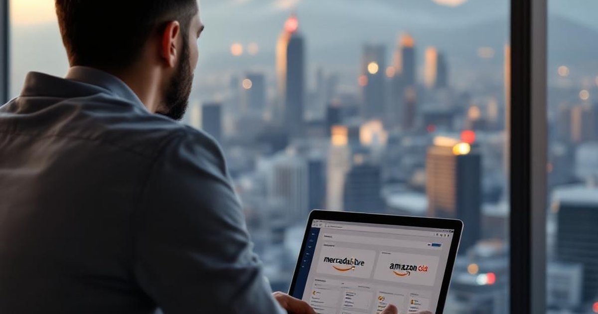 Emprendedor chileno en Santiago con vista a los Andes y dashboard Amazon Seller Central